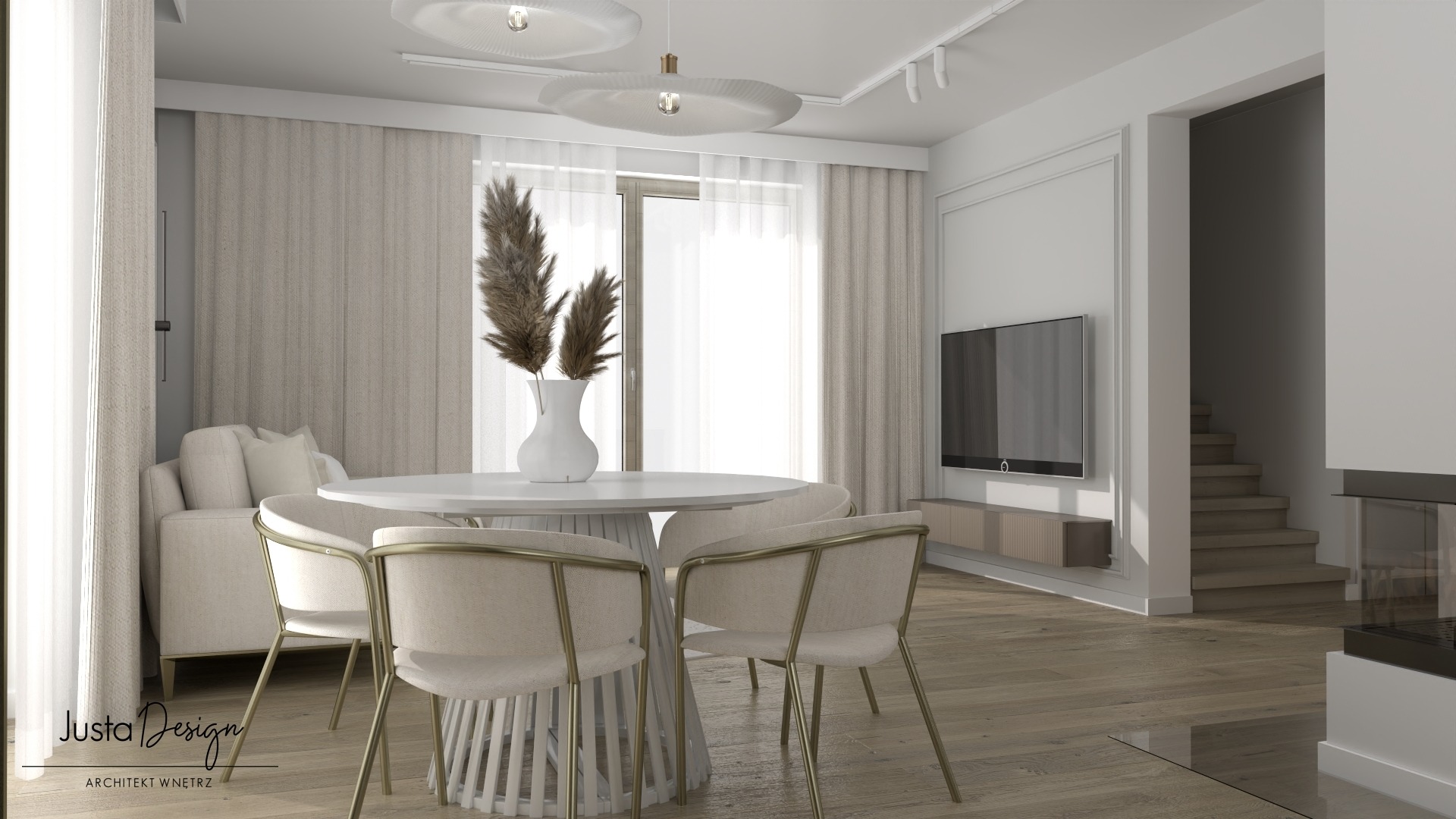 Jasne wnętrze salonu z okrągłym stołem i krzesłami w stylu glamour, dekoracyjna trawa w wazonie, telewizor na ścianie i kominek w tle.