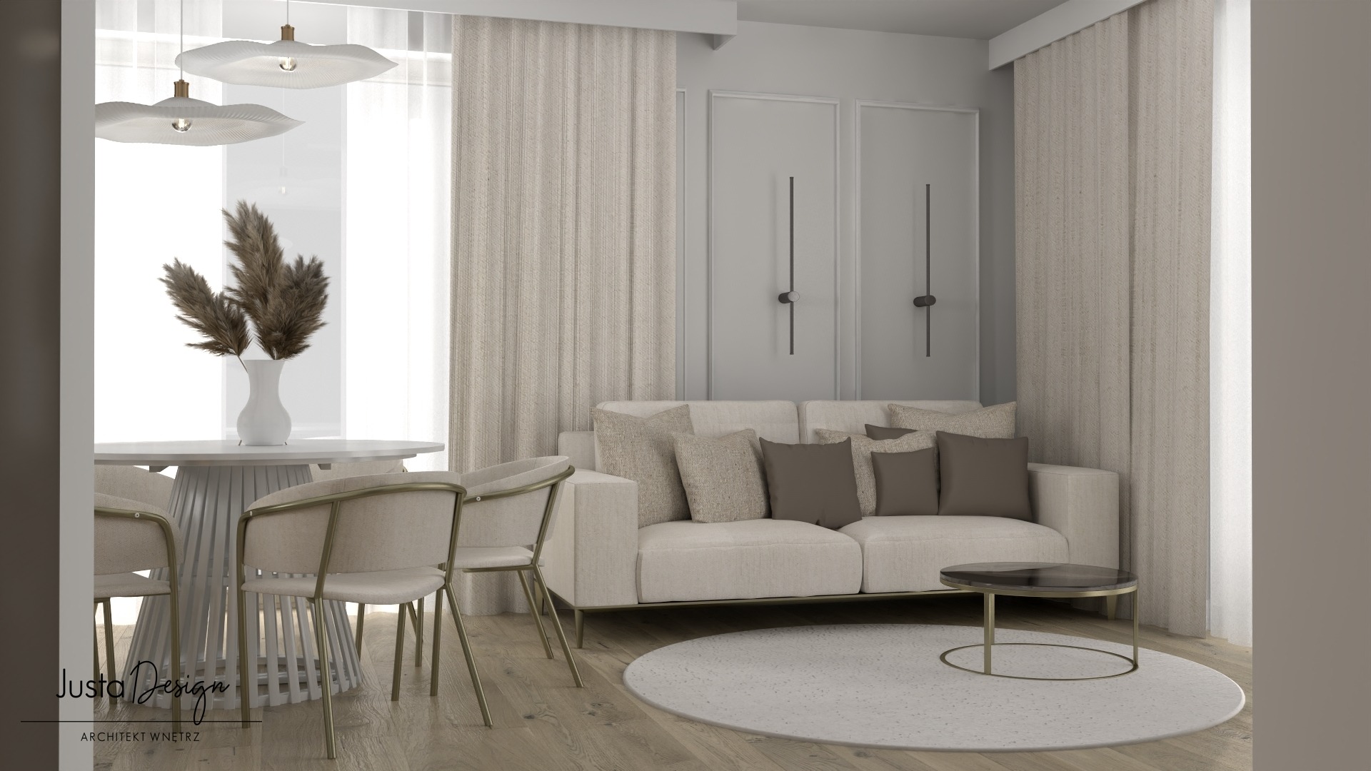 Jasne wnętrze z okrągłym stołem z dekoracyjnym wazonem, beżową sofą z poduszkami i okrągłym dywanem, oświetlone nowoczesnymi lampami wiszącymi.