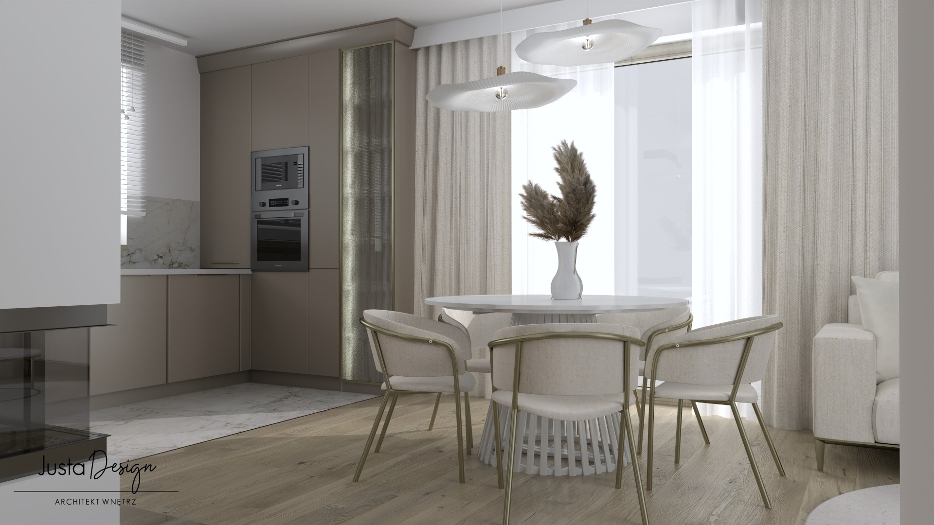 Wizualizacja wnętrza: kuchnia z jadalnią w neutralnych barwach, okrągły biały stół z krzesłami o metalowej konstrukcji, dekoracyjne lampy wiszące i wysoka, smukła kompozycja z traw w wazonie.