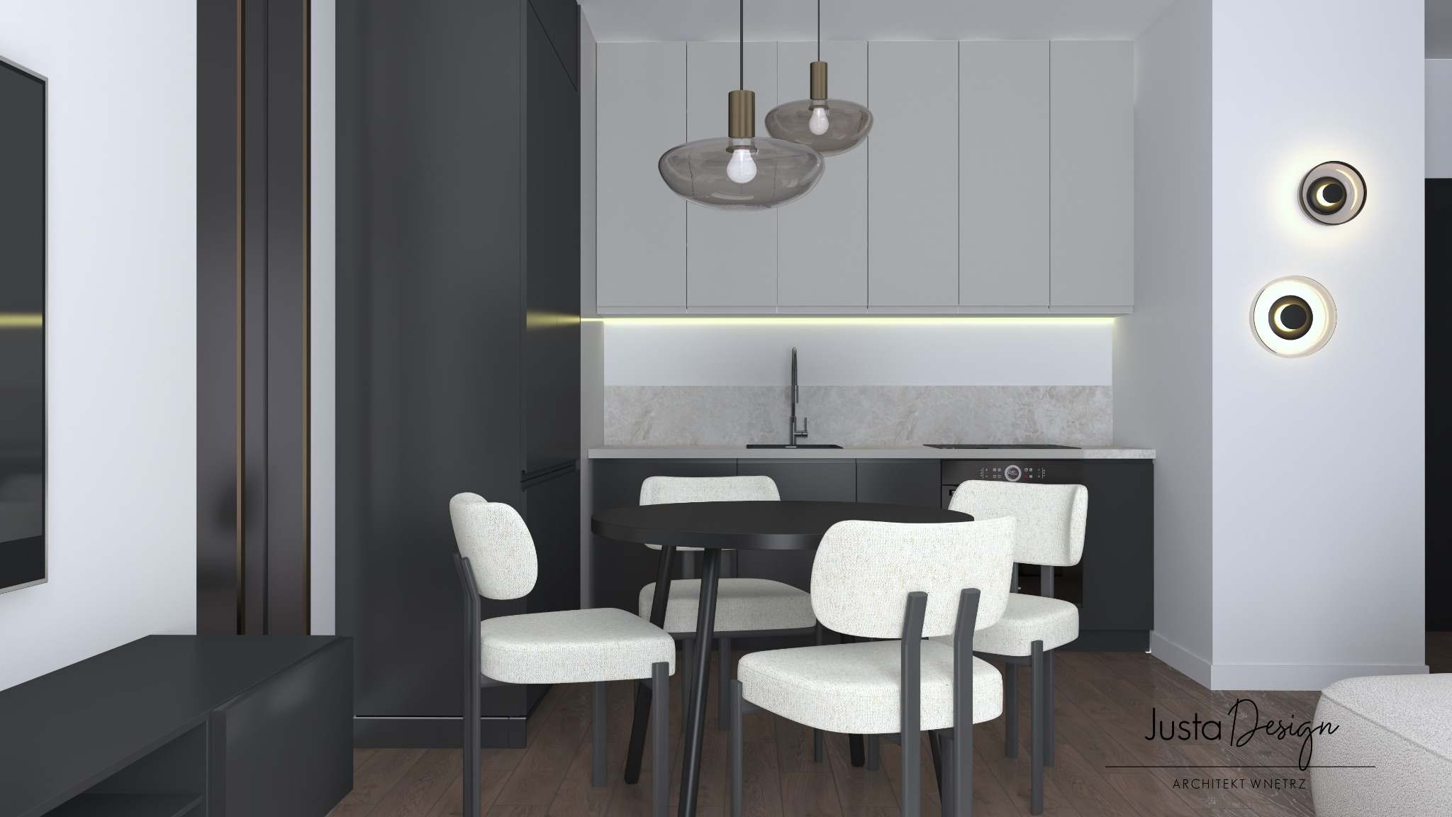 Wizualizacja nowoczesnej jadalni z okrągłym czarnym stołem otoczonym czterema krzesłami z tapicerką w odcieniach bieli i szarości, nad stołem wiszą dwie szklane lampy, w tle aneks kuchenny...