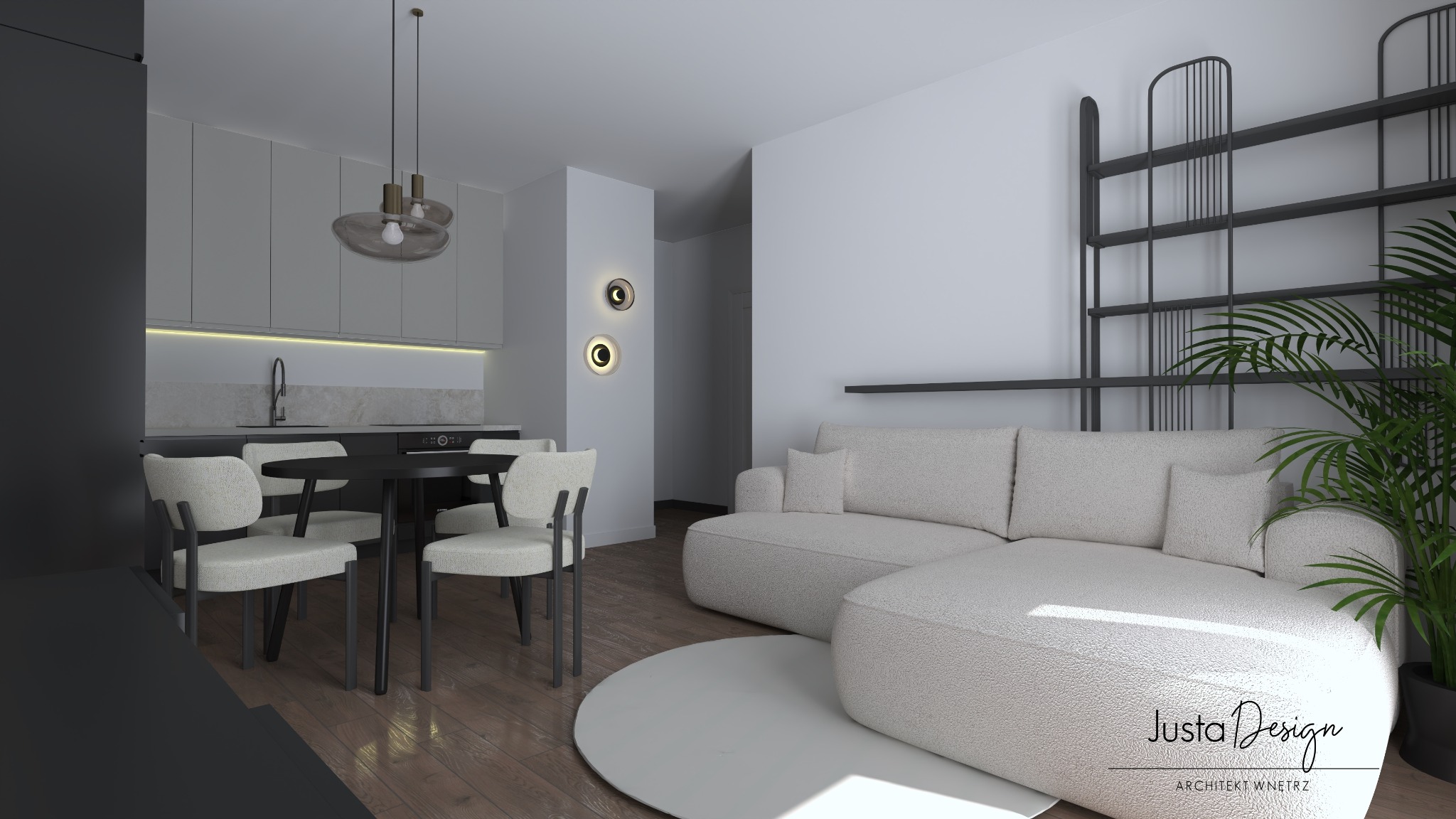 Wizualizacja wnętrza mieszkania: otwarta kuchnia z okrągłym stołem i krzesłami, przechodząca w strefę wypoczynkową z narożną sofą boucle i metalowym regałem.