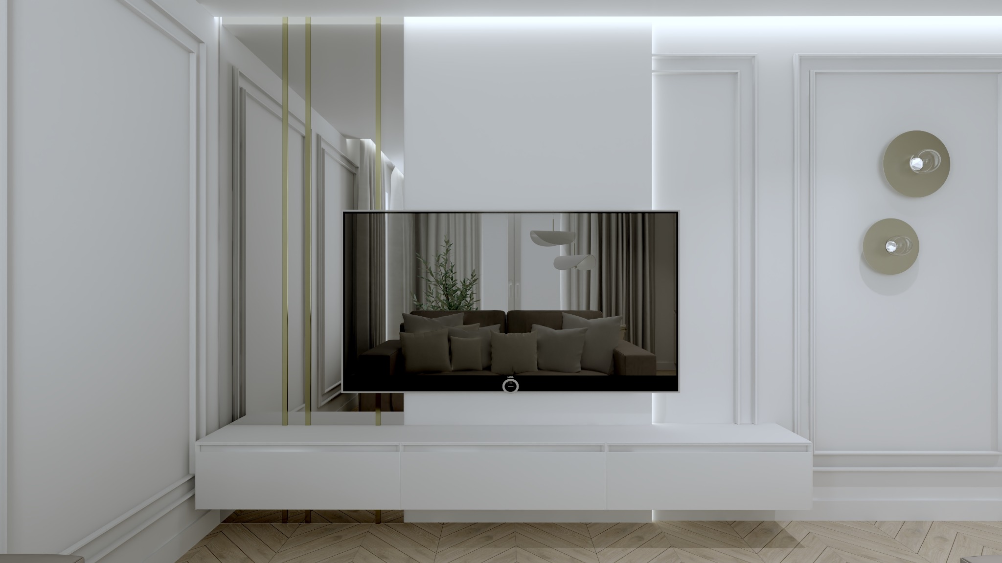 Telewizor zawieszony na białej ścianie z dekoracyjnymi listwami i dwoma okrągłymi lampami, odbijający wnętrze salonu z brązową sofą i rośliną doniczkową, widoczne panele podłogowe ułożone w jodełkę.