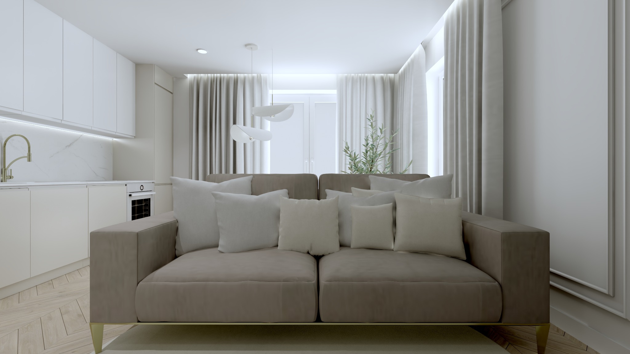 Nowoczesne wnętrze mieszkania: beżowa sofa z jasnymi poduszkami, biała zabudowa kuchenna z marmurowym blatem, drewniana podłoga w jodełkę, minimalistyczne lampy wiszące i zasłony w odcieniach bieli.