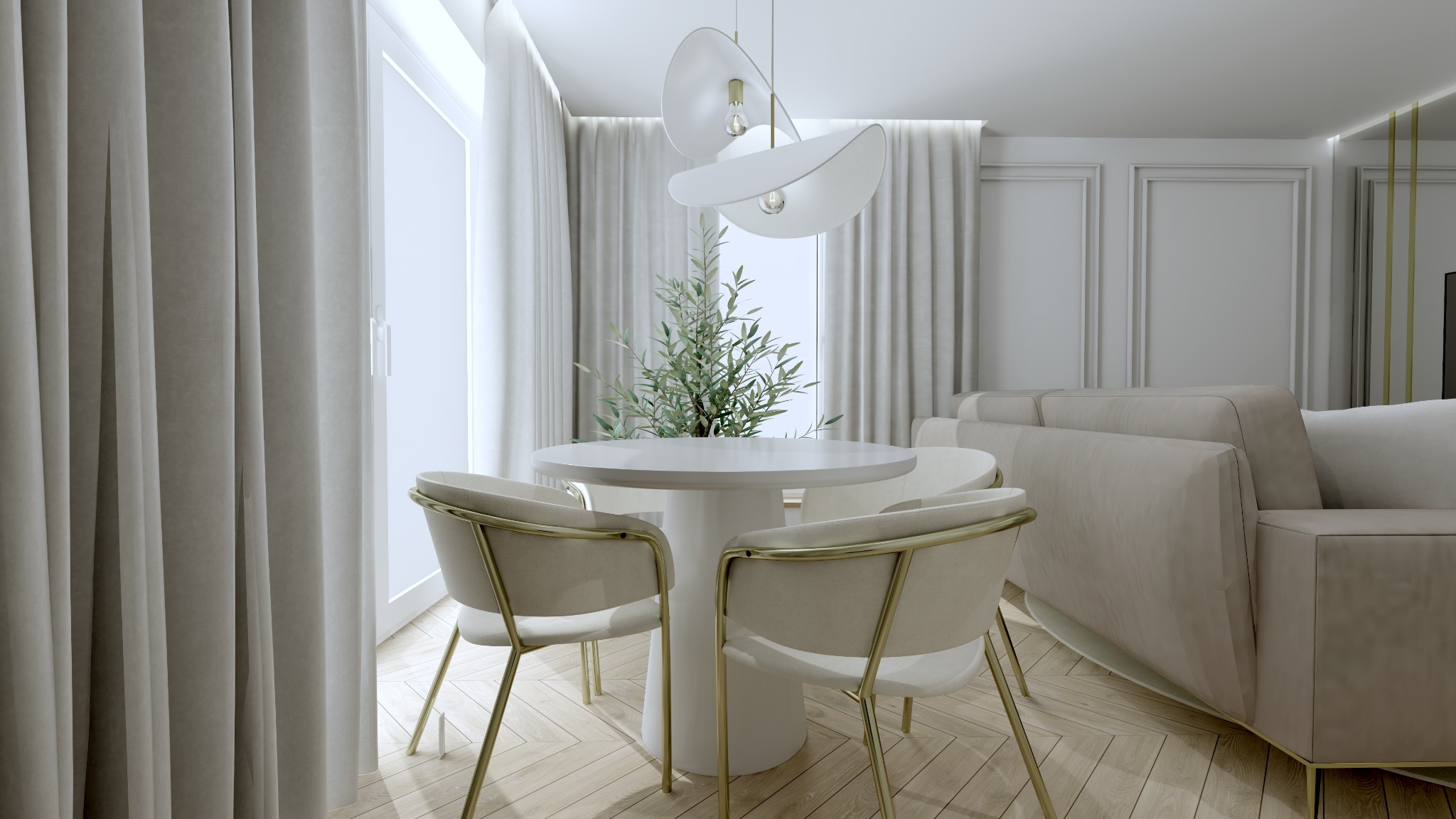 Jasne wnętrze jadalni z okrągłym stołem, krzesłami z złotymi nogami i nowoczesną lampą wiszącą, w tle sofa i dekoracyjne panele ścienne.