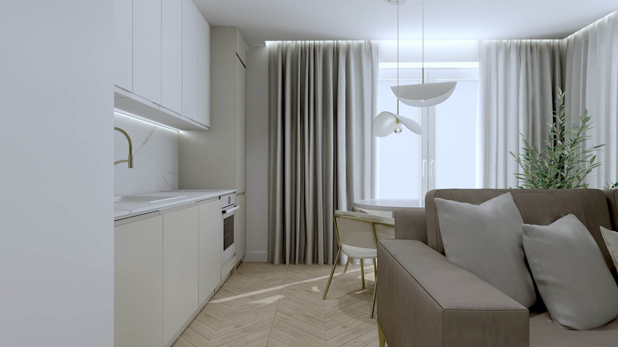 Jasne wnętrze z aneksem kuchennym, salonem i jadalnią, parkiet w jodełkę, minimalistyczne lampy wiszące, zasłony w kolorze ecru i sofa z poduszkami.
