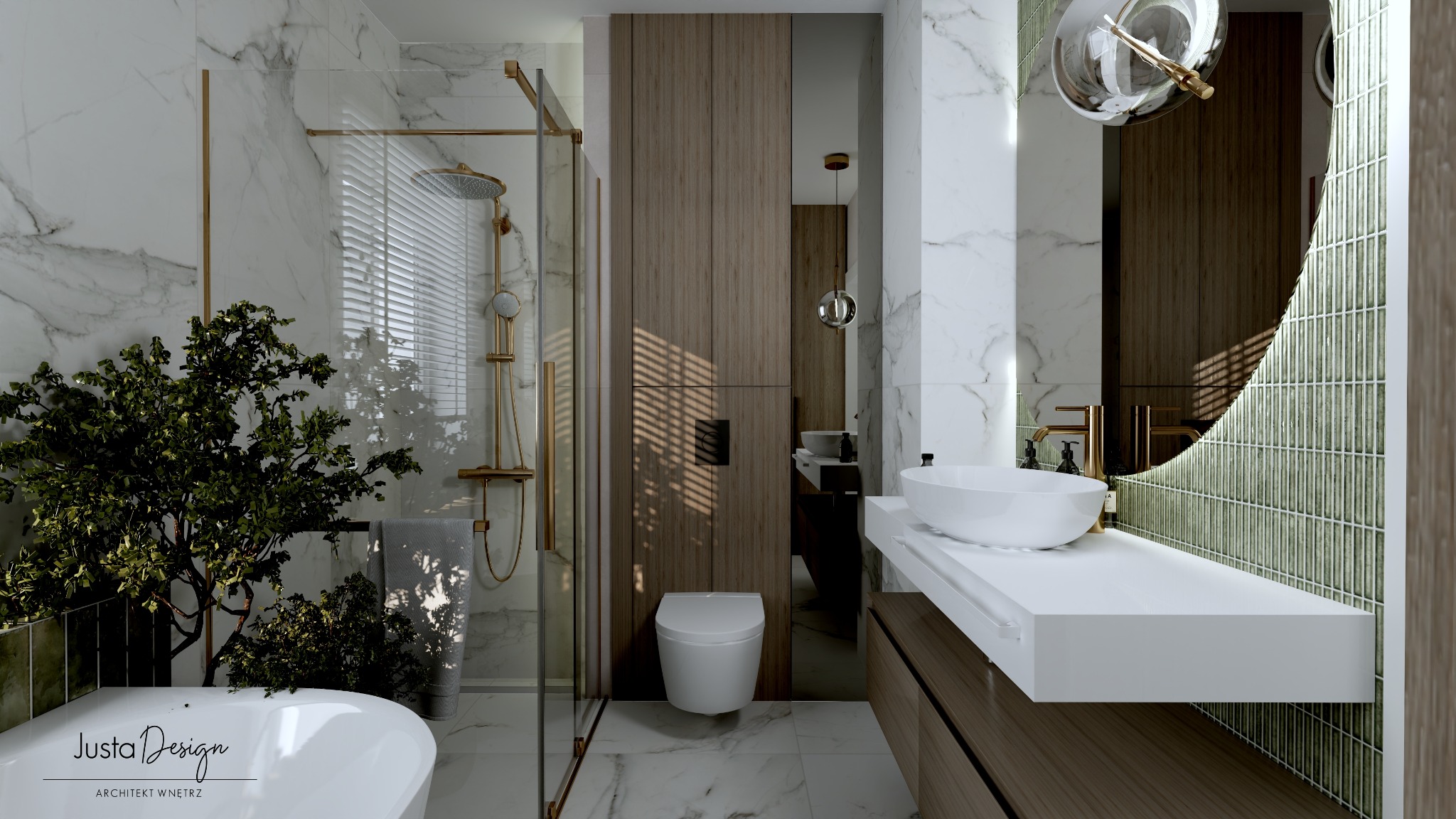 Elegancka łazienka z marmurowymi ścianami, złotą armaturą, kabiną prysznicową typu walk-in, owalną umywalką nablatową, okrągłym lustrem w zielonej ramie z mozaiki oraz roślinami doniczkowymi.