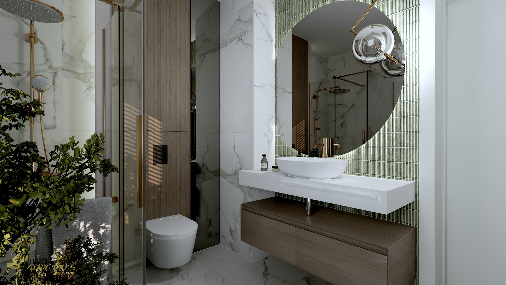 Nowoczesna łazienka z marmurowymi płytkami, okrągłym lustrem z dekoracyjną lampą, białą umywalką nablatową i rośliną w rogu
