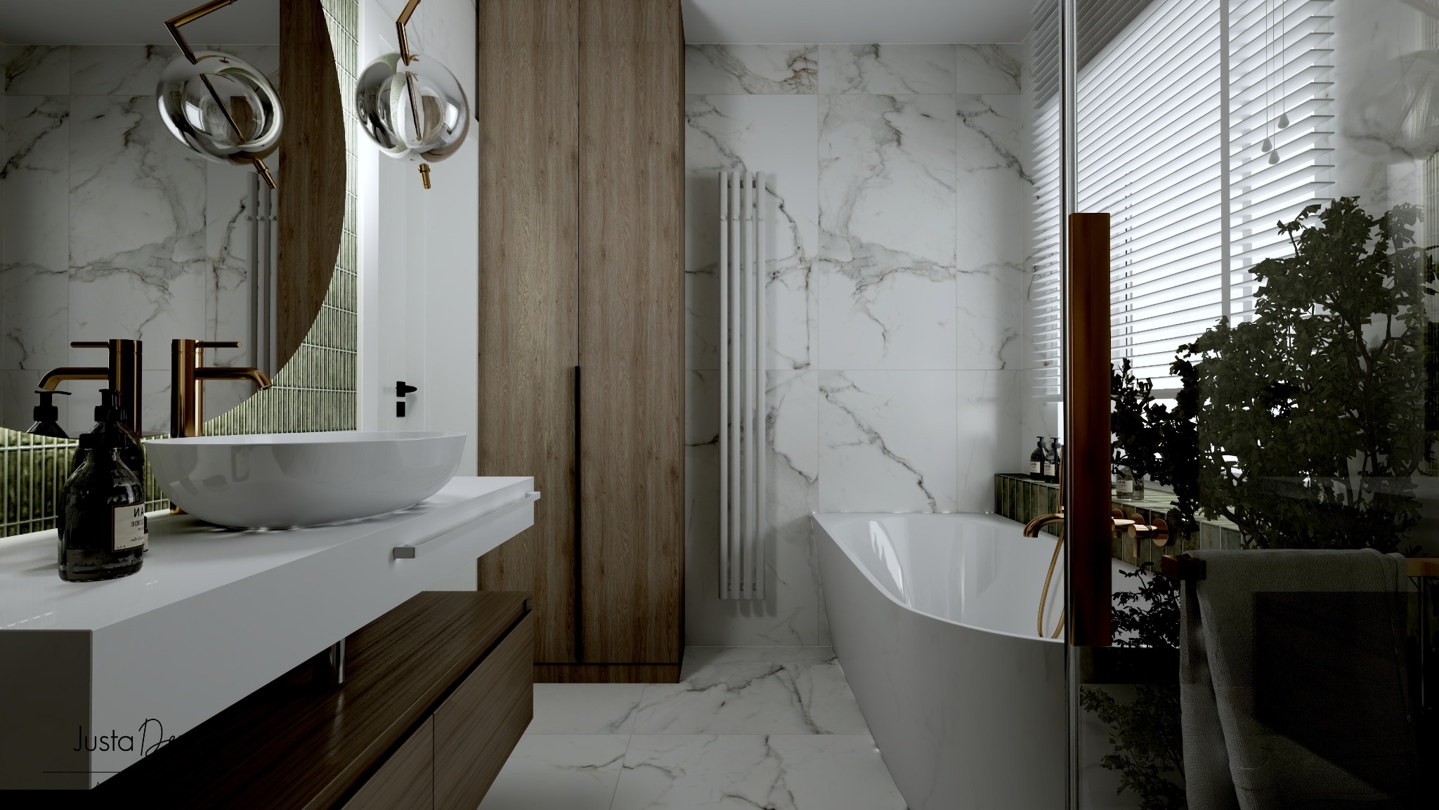 Nowoczesna łazienka z marmurowymi płytkami, owalną umywalką nablatową i złotą armaturą, oświetlona wiszącymi lampami z przezroczystego szkła, z widokiem na wannę i rośliny w tle