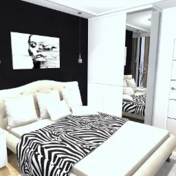 Nowoczesna sypialnia z czarną ścianą, obrazem twarzy i łóżkiem z narzutą w zebrę, widok z perspektywy wejścia, z lustrzanymi drzwiami szafy w tle.