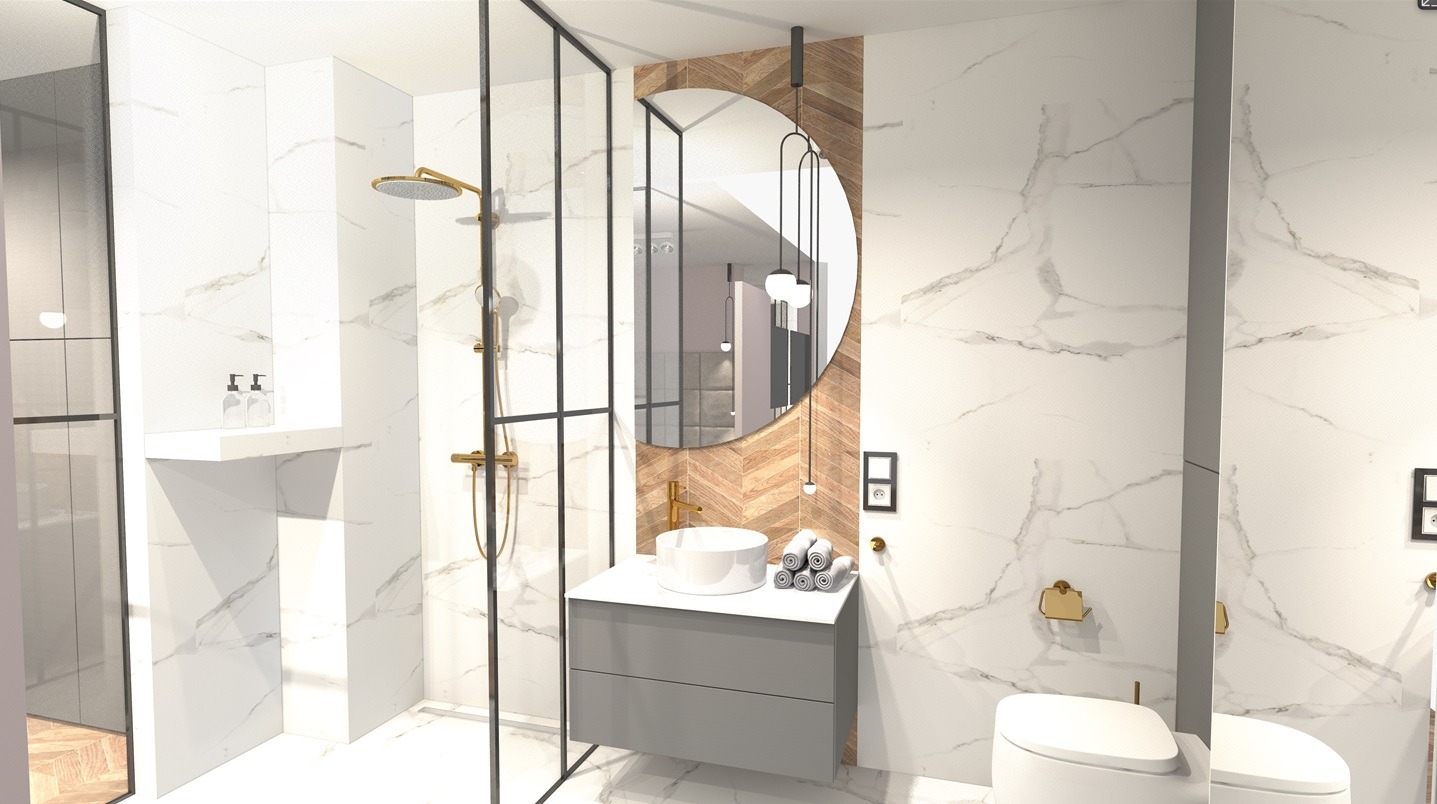 Wizualizacja nowoczesnej łazienki w Zielonej Górze z kabiną prysznicową typu walk-in, okrągłym lustrem na tle drewnianej ściany ułożonej w jodełkę, umywalką nablatową i toaletą w kolorze białym...