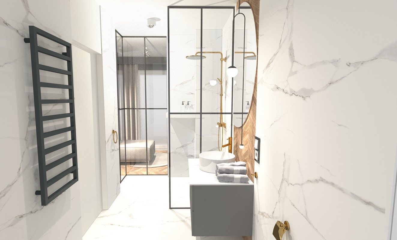 Wizualizacja nowoczesnej łazienki z kabiną prysznicową typu walk-in z czarnymi profilami, umywalką nablatową, lustrem w owalnej ramie z drewnianym wzorem jodełki, grzejnikiem drabinkowym w kolorze...