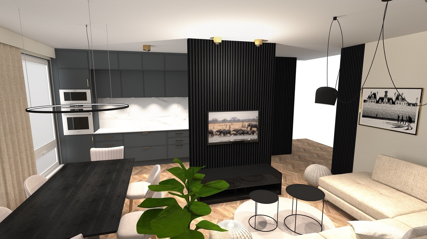 Wizualizacja wnętrza mieszkania z szarą zabudową kuchenną, drewnianym stołem, ścianą z lameli i sofą w odcieniach beżu, oświetlonego nowoczesnymi lampami.