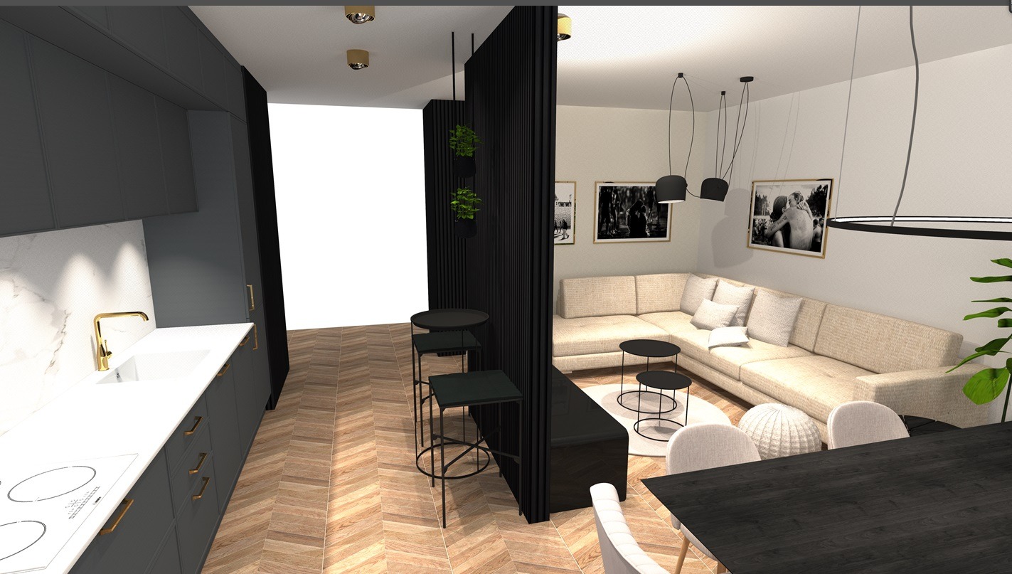 Wizualizacja wnętrza: kuchnia z szarymi szafkami i złotą armaturą, oddzielona czarną ścianką działową od salonu z narożną sofą, stolikami kawowymi i wiszącymi lampami. Parkiet ułożony w jodełkę.