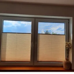 Dwuskrzydłowe okno PCV z zamontowanymi beżowymi plisami okiennymi, widok na błękitne niebo z chmurami i fragment drzewa, na parapecie wazon z kwiatami.