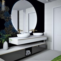 Apis Sp. z O.O. Grupa Sbs - Nowoczesna łazienka z owalnym lustrem z podświetleniem LED, umywalkami nablatowymi na białym blacie z szarą szafką, dekoracyjnymi heksagonalnymi płytkami na czarnej ścianie i rośliną w wazonie.