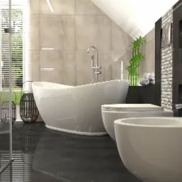 Nowoczesna łazienka z wolnostojącą wanną, bidetem i toaletą w minimalistycznym stylu, z czarną podłogą i dekoracyjną mozaiką na ścianie, oświetlona przez okno z żaluzjami.