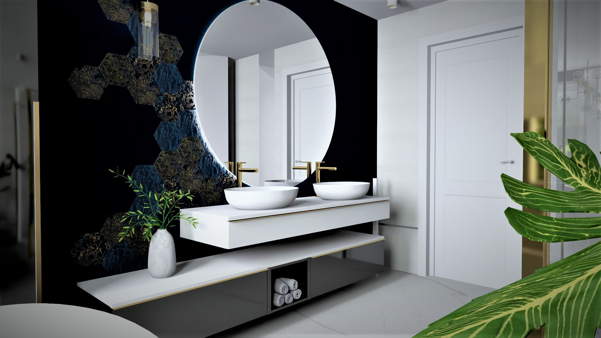 Nowoczesna łazienka z owalnym lustrem z podświetleniem LED, umywalkami nablatowymi na białym blacie z szarą szafką, dekoracyjnymi heksagonalnymi płytkami na czarnej ścianie i rośliną w wazonie.