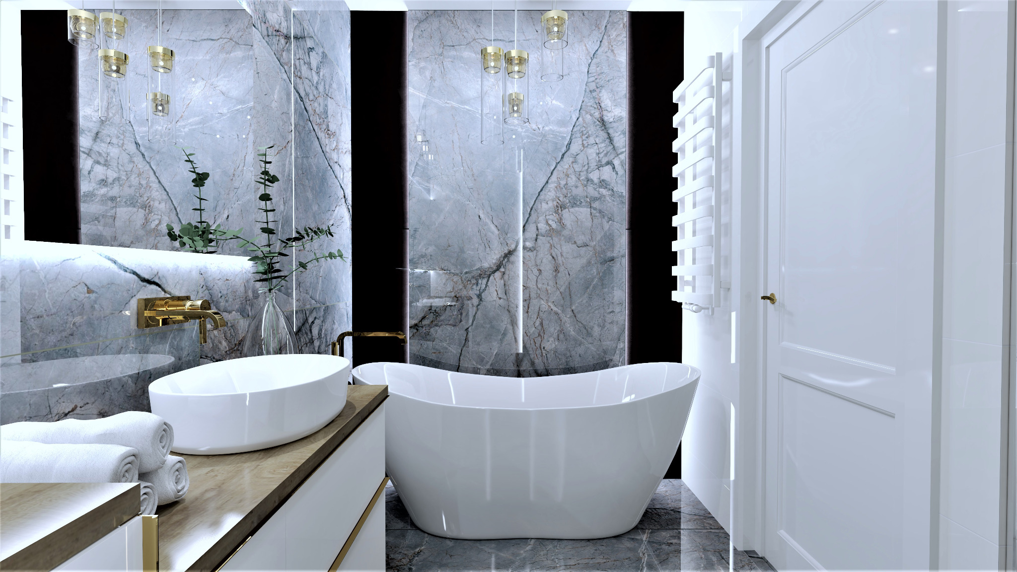 Wizualizacja luksusowej łazienki w Siedlcach z marmurowymi ścianami, wolnostojącą białą wanną, umywalką nablatową i złotą armaturą, oświetloną wiszącymi lampami.