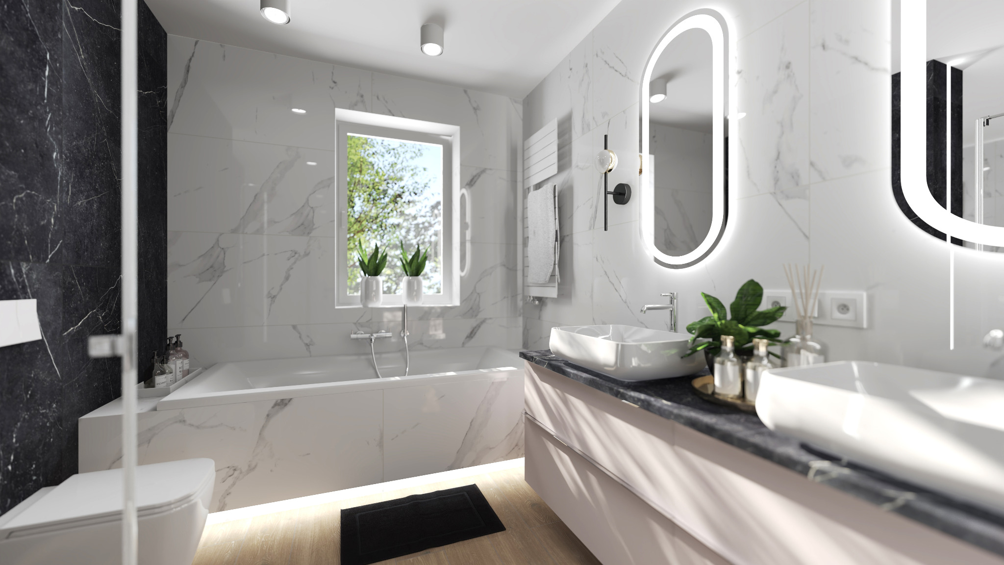 Nowoczesna łazienka z marmurowymi płytkami, podświetlanymi lustrami, umywalkami nablatowymi i wanną w zabudowie, doświetlona naturalnym światłem z okna z widokiem na drzewa.