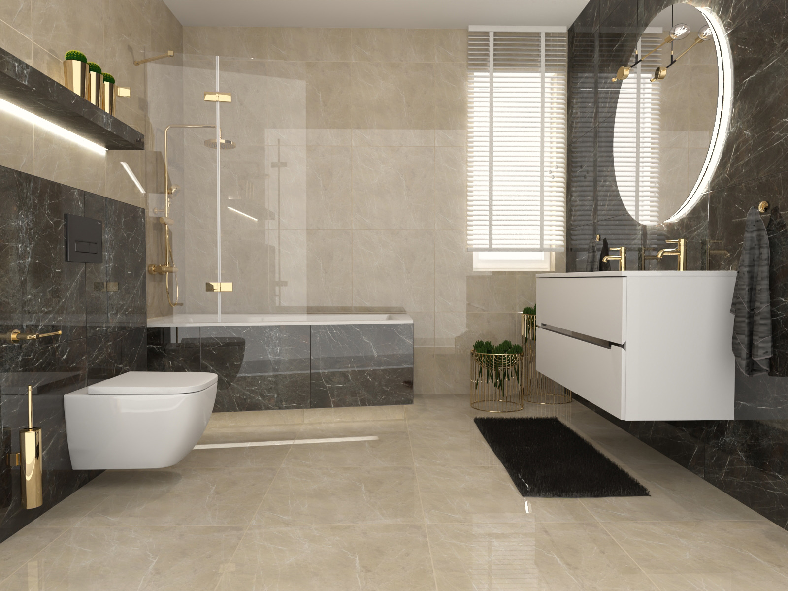 Nowoczesna łazienka z marmurowymi płytkami, podwieszaną toaletą, kabiną prysznicową ze złotymi elementami, okrągłym lustrem z podświetleniem LED i białą szafką z umywalką.