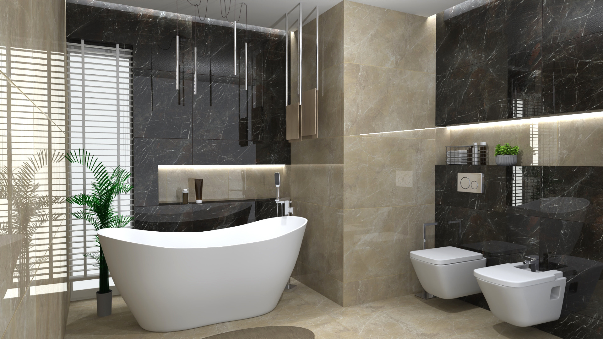 Nowoczesna łazienka z wolnostojącą białą wanną, toaletą i bidetem, wykończona płytkami imitującymi marmur w odcieniach beżu i czerni, oświetlona listwami LED i wiszącymi lampami.