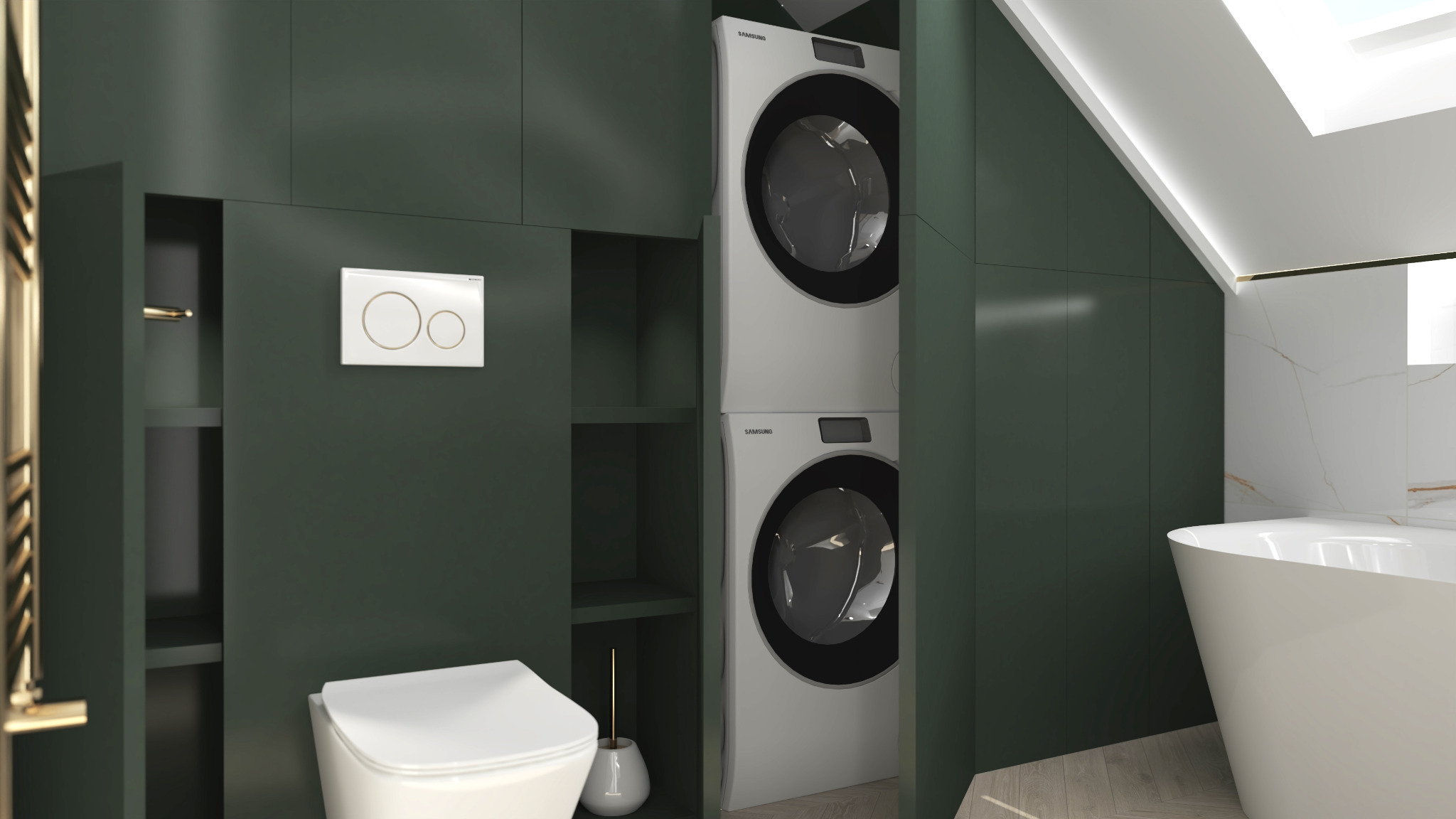 Nowoczesna łazienka z ciemnozielonymi szafkami, podwieszaną toaletą z białym przyciskiem spłukującym, dwiema pralkami automatycznymi ustawionymi jedna na drugiej oraz wolnostojącą białą wanną.