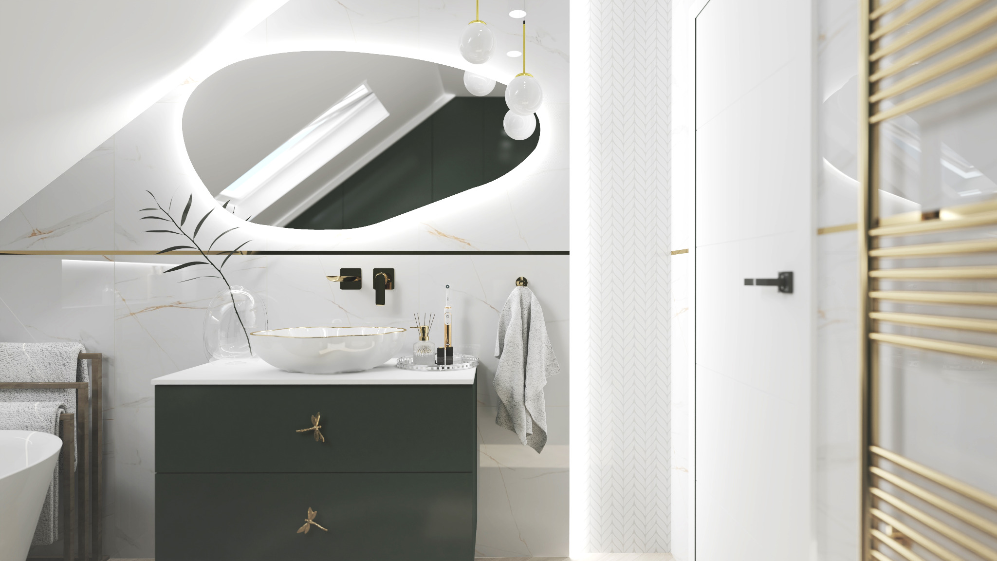 Nowoczesna łazienka z umywalką nablatową, podświetlanym lustrem o nieregularnym kształcie i zieloną szafką z uchwytami w kształcie ważek.