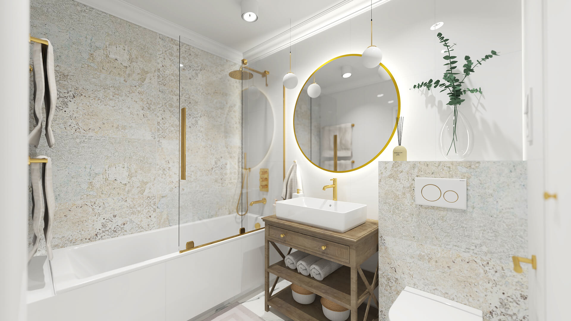 Nowoczesna łazienka z wanną za szklaną ścianką, umywalką na drewnianej szafce z półkami na ręczniki, okrągłym lustrem z podświetleniem LED i dekoracyjnymi płytkami na ścianach.