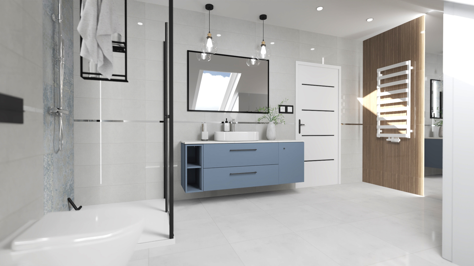 Nowoczesna łazienka z wiszącą szafką w kolorze gołębim, okrągłą umywalką nablatową i minimalistycznym lustrem. W tle widoczny grzejnik drabinkowy na drewnianej ścianie oraz kabina prysznicowa...