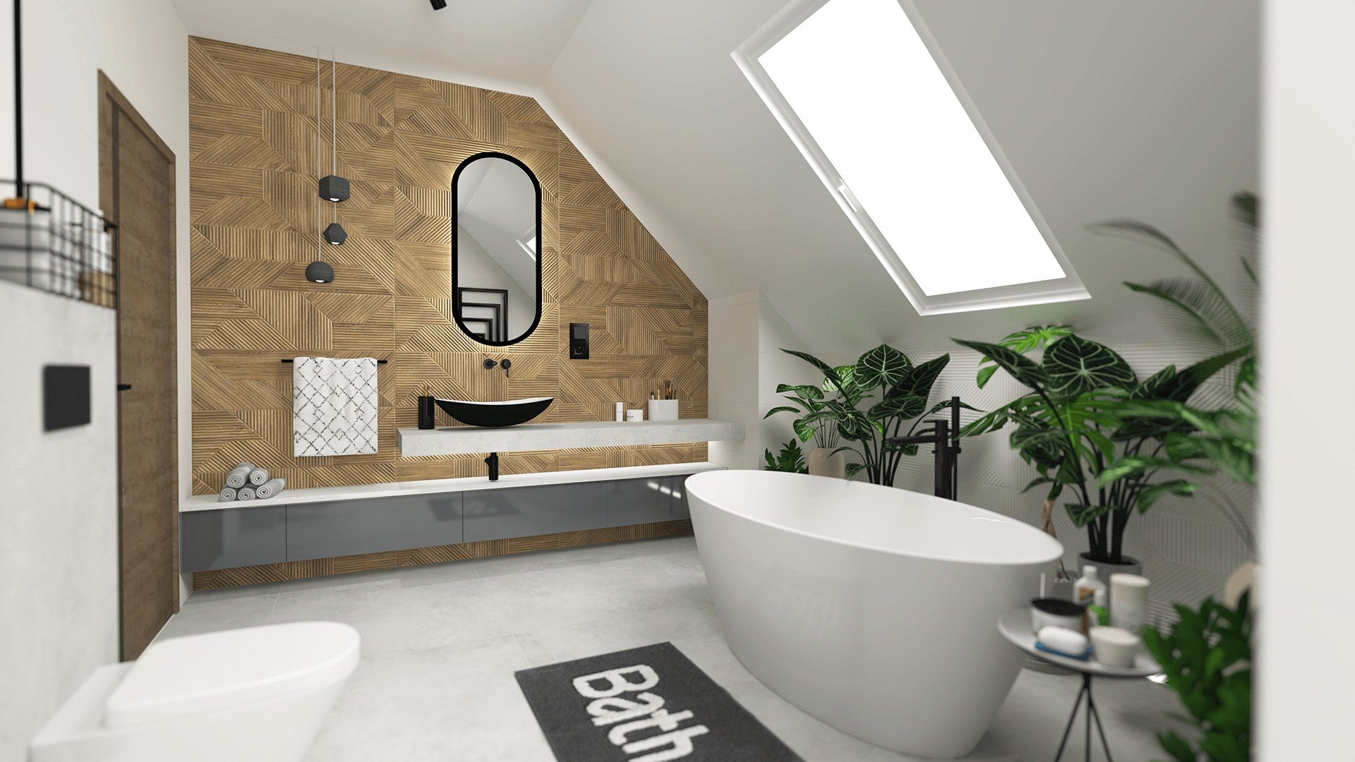 Nowoczesna łazienka na poddaszu z drewnianą ścianą, owalnym lustrem, czarną umywalką nablatową i wolnostojącą białą wanną. Duże okno dachowe wpuszcza naturalne światło, oświetlając liczne rośliny...
