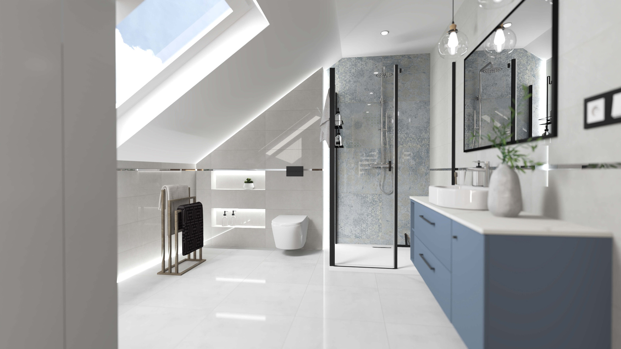 Wizualizacja nowoczesnej łazienki na poddaszu z kabiną prysznicową typu walk-in, umywalką nablatową na niebieskiej szafce, wiszącą toaletą i oknem dachowym.