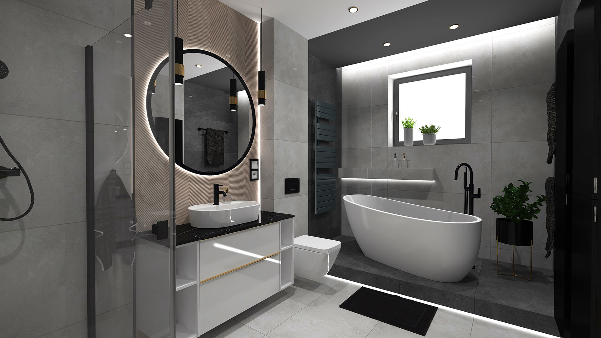 Nowoczesna aranżacja łazienki z okrągłym lustrem z podświetleniem LED, białą umywalką nablatową na szafce z czarnym blatem, wolnostojącą wanną i szklaną kabiną prysznicową.