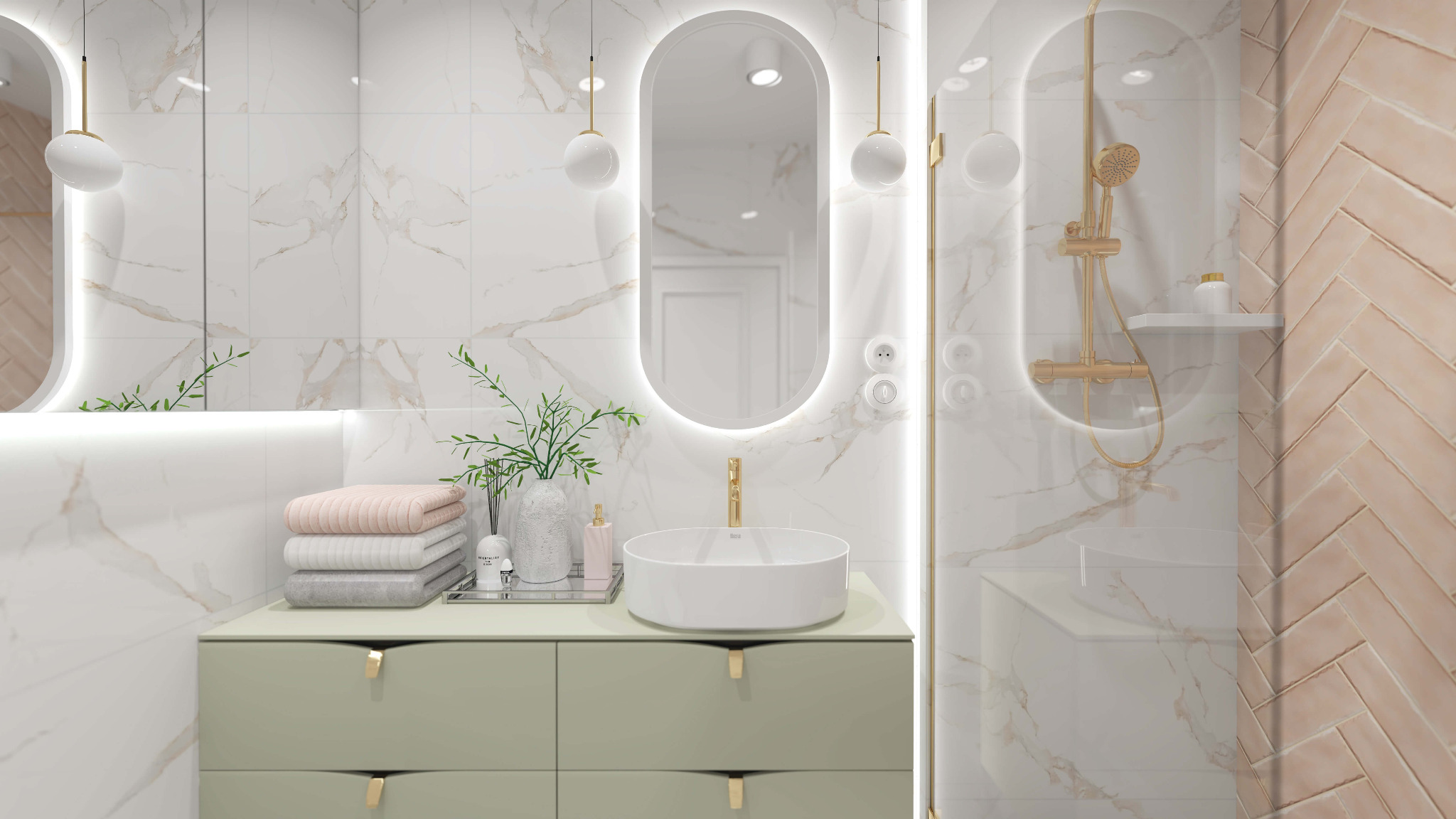 Nowoczesna łazienka z owalnym lustrem podświetlanym LED, białą umywalką nablatową na szafce w kolorze oliwkowym, złotą armaturą i kabiną prysznicową ze złotym zestawem natryskowym, wykończona...