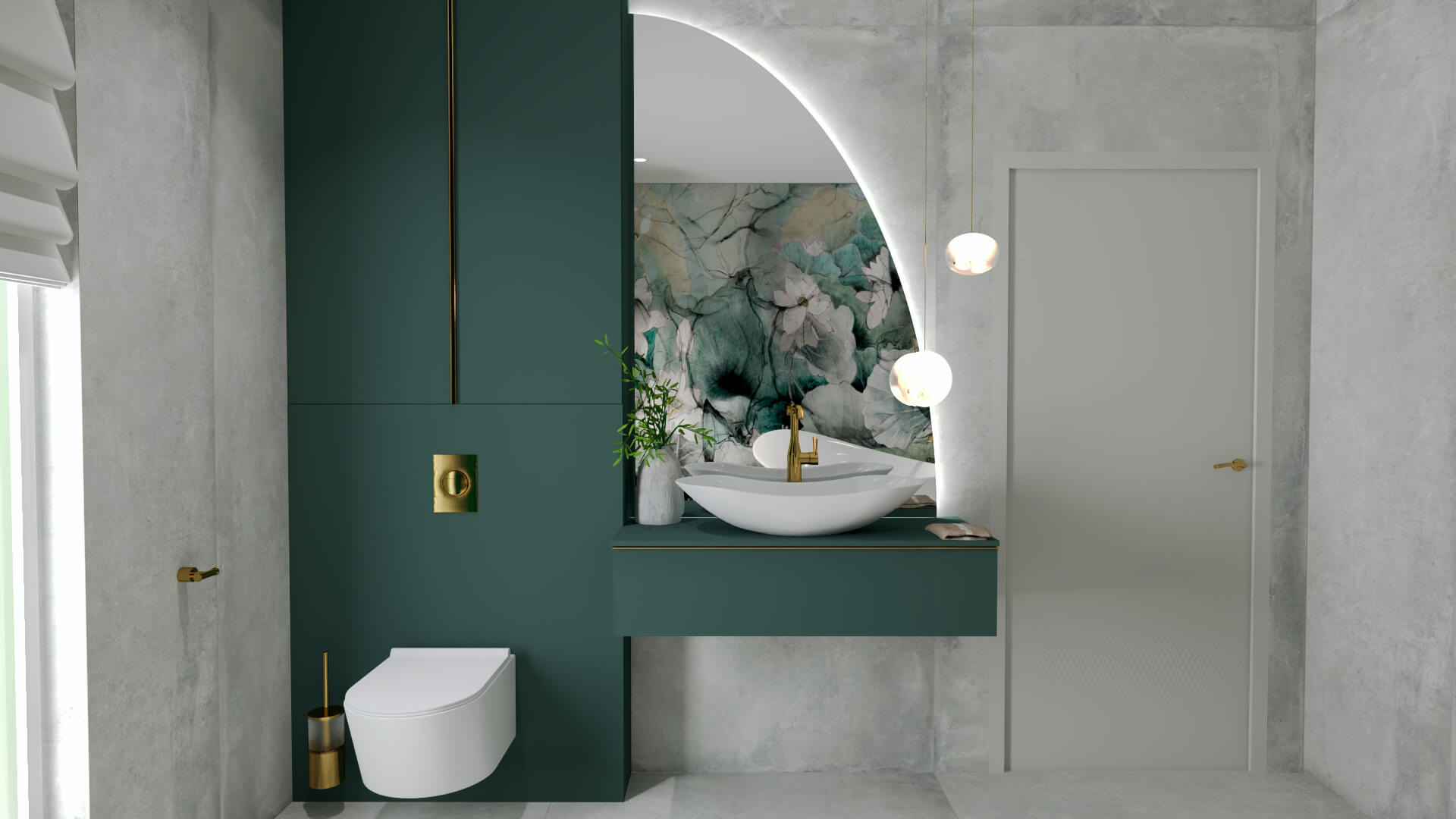 Nowoczesna łazienka z umywalką nablatową, podświetlanym lustrem w kształcie łuku, zielonymi szafkami i toaletą wiszącą z elementami w kolorze złotym.