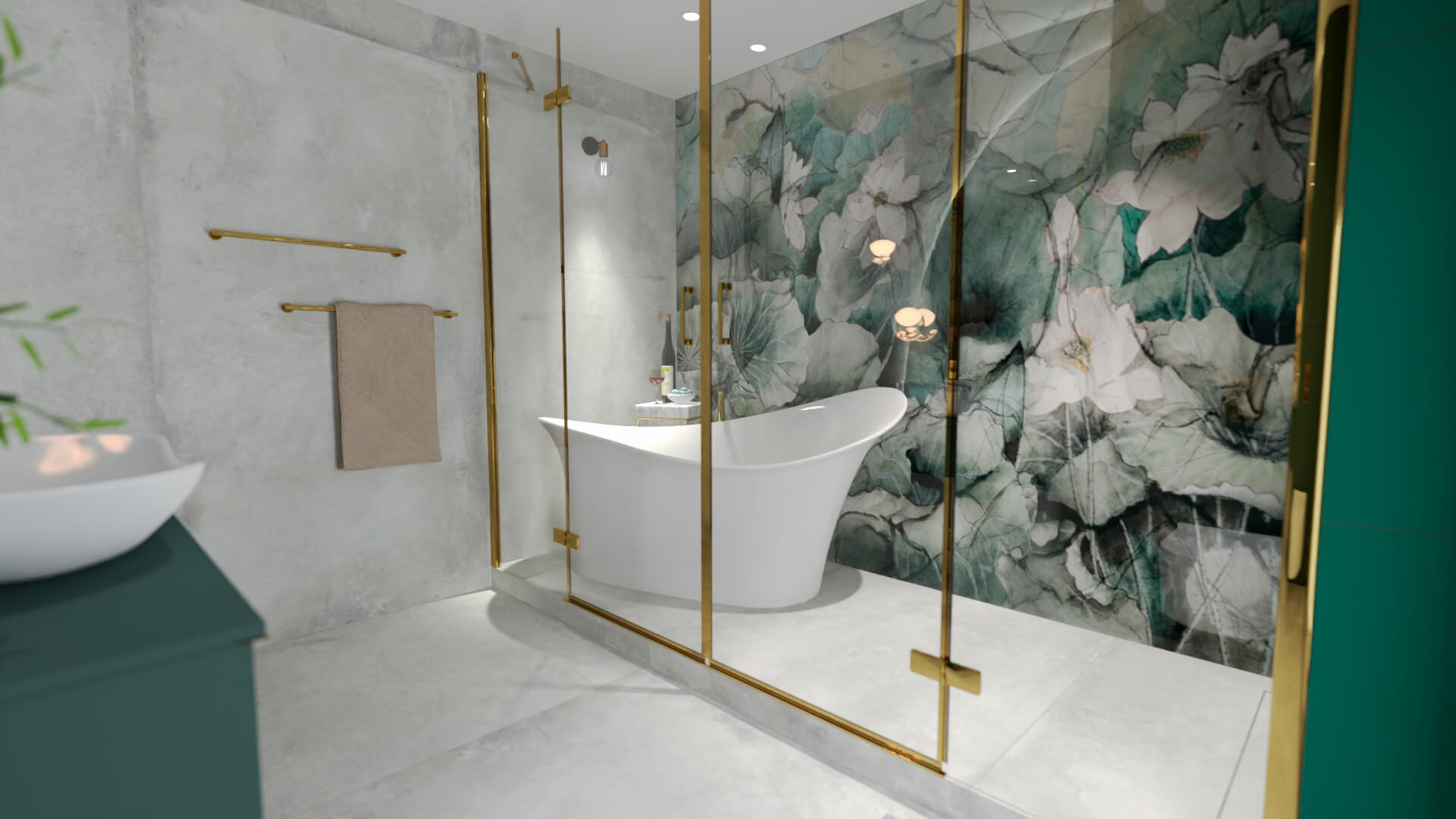 Nowoczesna łazienka z wolnostojącą białą wanną, przeszkloną kabiną prysznicową z złotymi detalami i ścianą z motywem kwiatowym w odcieniach zieleni i bieli.