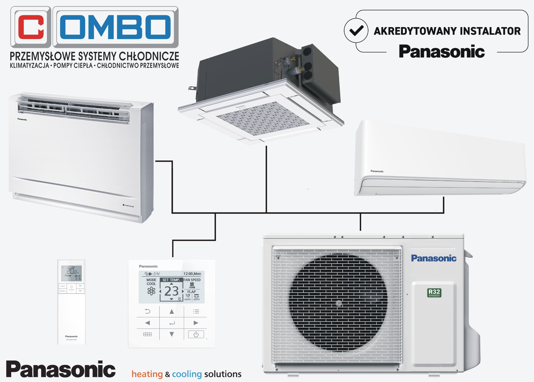 Schemat instalacji klimatyzacji Panasonic, prezentujący jednostkę podłogową, kasetonową, ścienną oraz zewnętrzną z panelem sterowania i logo akredytowanego instalatora.