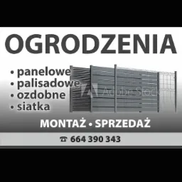 Grafika reklamowa prezentująca różne typy ogrodzeń: panelowe, palisadowe, ozdobne i z siatki. U dołu napis 'Montaż - Sprzedaż' oraz numer telefonu.
