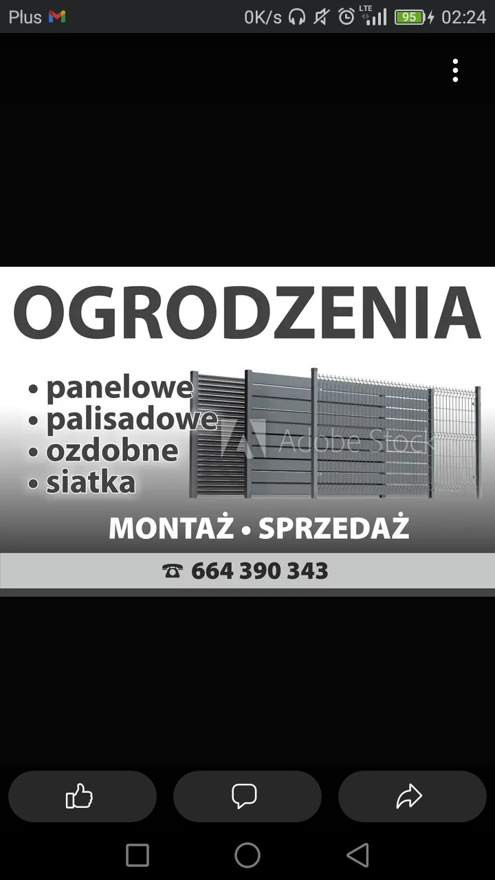 Grafika reklamowa prezentująca różne typy ogrodzeń: panelowe, palisadowe, ozdobne i z siatki. U dołu napis 'Montaż - Sprzedaż' oraz numer telefonu.