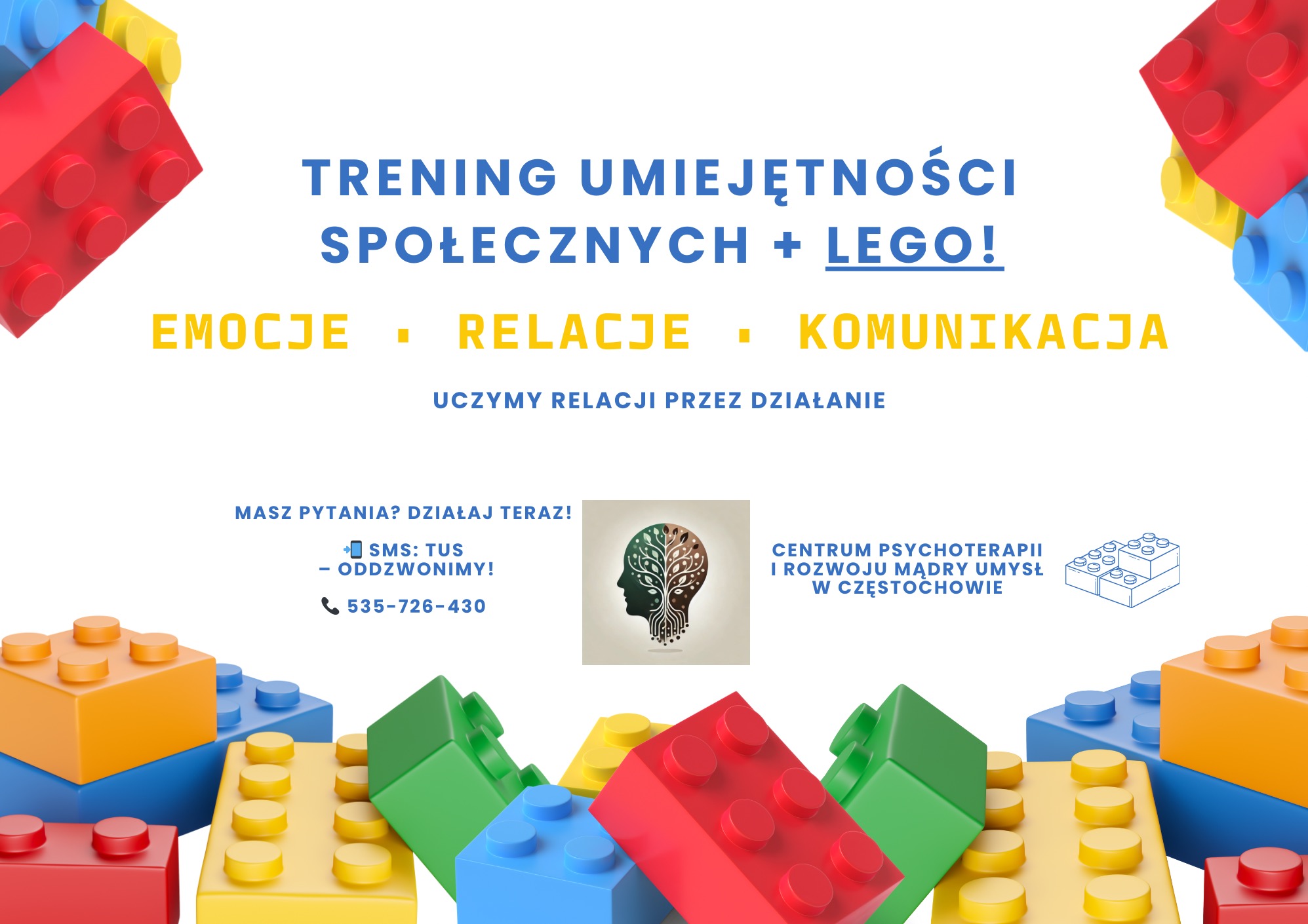 Trening umiejętności społecznych z LEGO: emocje, relacje, komunikacja. Centrum psychoterapii w Częstochowie. Kontakt SMS i telefon. Grafika z klockami LEGO.
