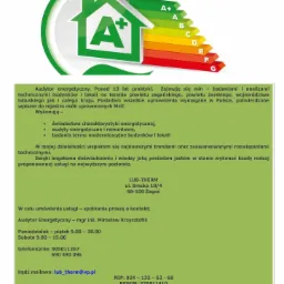 Grafika z zielonym symbolem domu i oznaczeniem klasy energetycznej A+, poniżej tekst informacyjny o audytorze energetycznym, adresie, numerach telefonów i danych rejestrowych firmy.