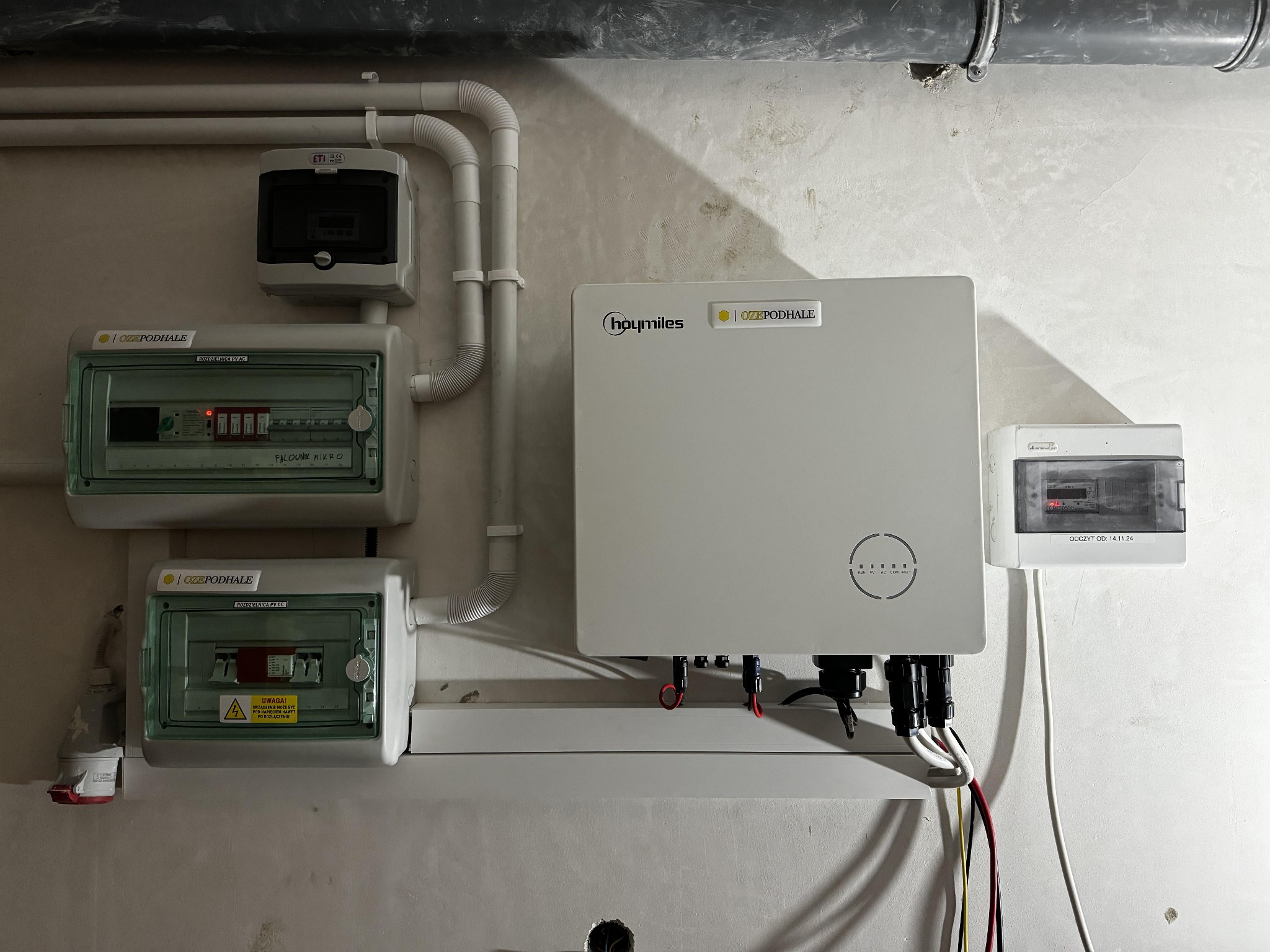 Biała skrzynka Hoymiles z podłączonymi kablami, rozdzielnice PV AC/DC i rury instalacyjne na ścianie. Instalacja w pomieszczeniu.