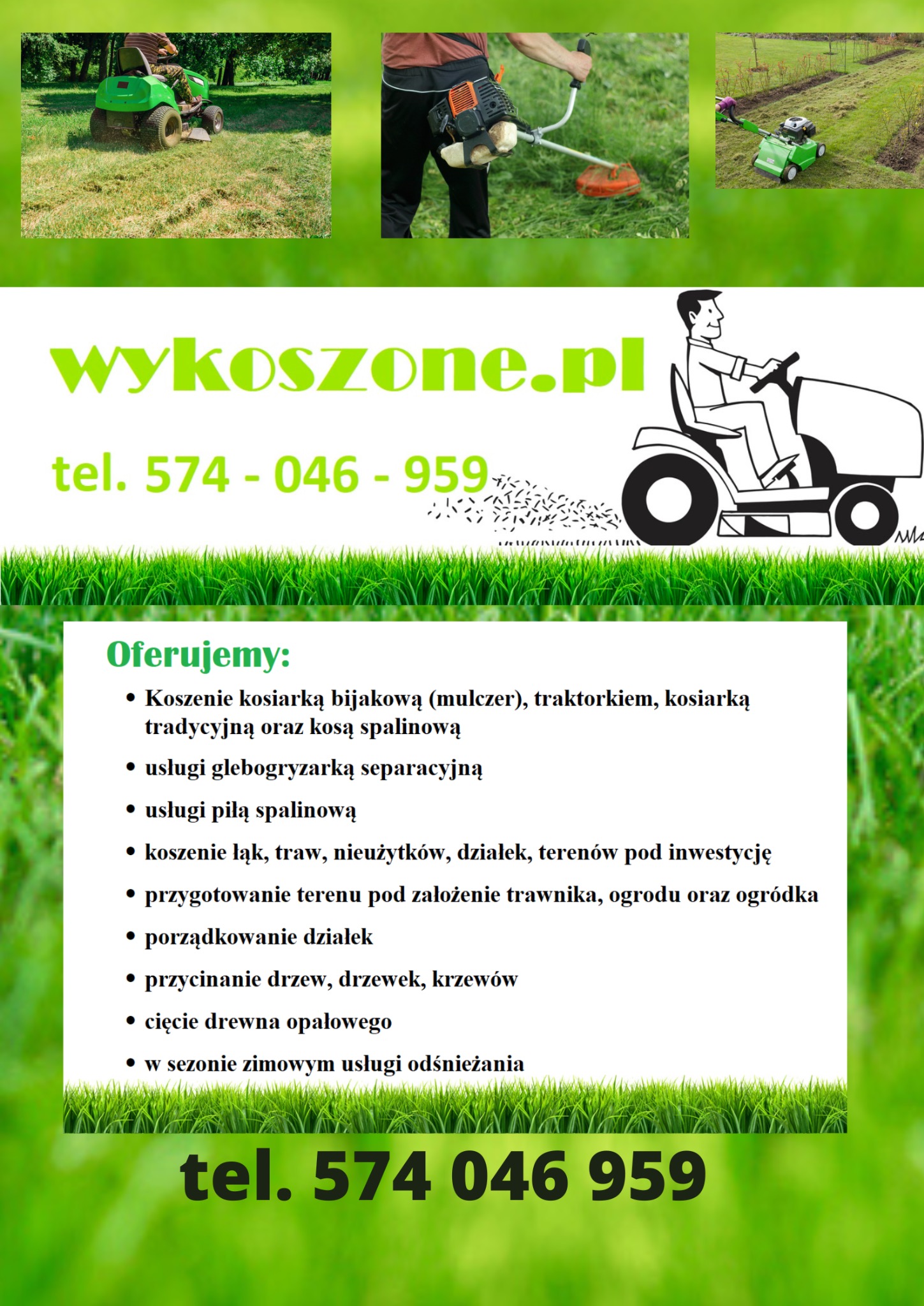 Kolaż zdjęć przedstawiający różne metody pielęgnacji trawnika: kosiarka bijakowa, kosa spalinowa i traktorek do trawy, zestawione z ofertą usług i danymi kontaktowymi firmy.