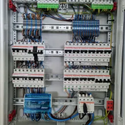 Rozdzielnica elektryczna z zainstalowanymi bezpiecznikami, listwami zaciskowymi i przewodami w kolorach brązowym, niebieskim, zielono-żółtym i czarnym. Widoczny moduł Eriflex TD80/100ALL.
