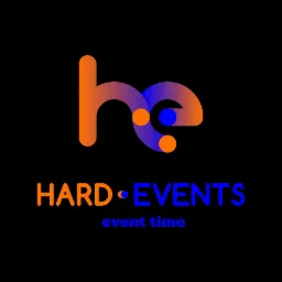 Gradientowe logo firmy Hard Events z napisem 'event time' na czarnym tle, wykorzystujące połączenie kolorów pomarańczowego i niebieskiego.