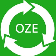 Zielone logo OZE z trzema białymi strzałkami tworzącymi okrąg, symbolizujące odnawialne źródła energii.