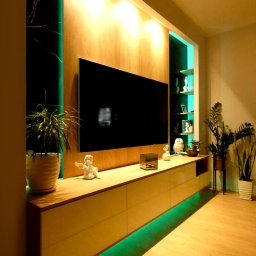 BlackForest Adrian Bonowski - Nowoczesna szafka RTV z podświetleniem LED, drewniane wykończenie, dekoracje i rośliny. Minimalistyczny design z elementami dekoracyjnymi.