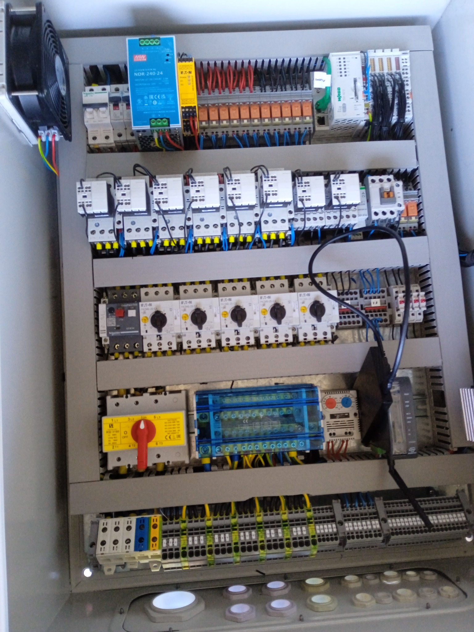 Rozdzielnica elektryczna z licznymi zabezpieczeniami, bezpiecznikami i przewodami. Widoczny wentylator chłodzący i elementy sterujące. Szara obudowa.