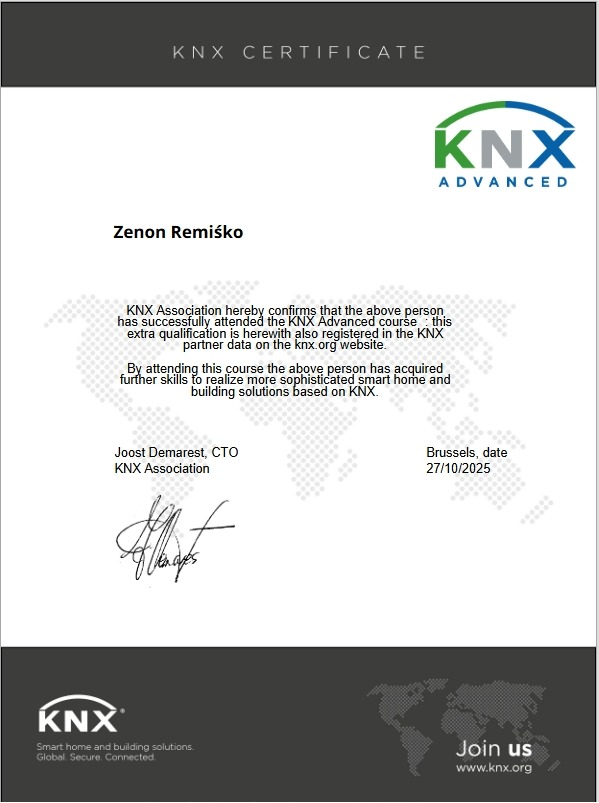 Certyfikat KNX Advanced dla Zenona Remiśko, potwierdzający ukończenie kursu i rejestrację jako partnera KNX. Dokument z logo KNX, podpisem i datą ważności.