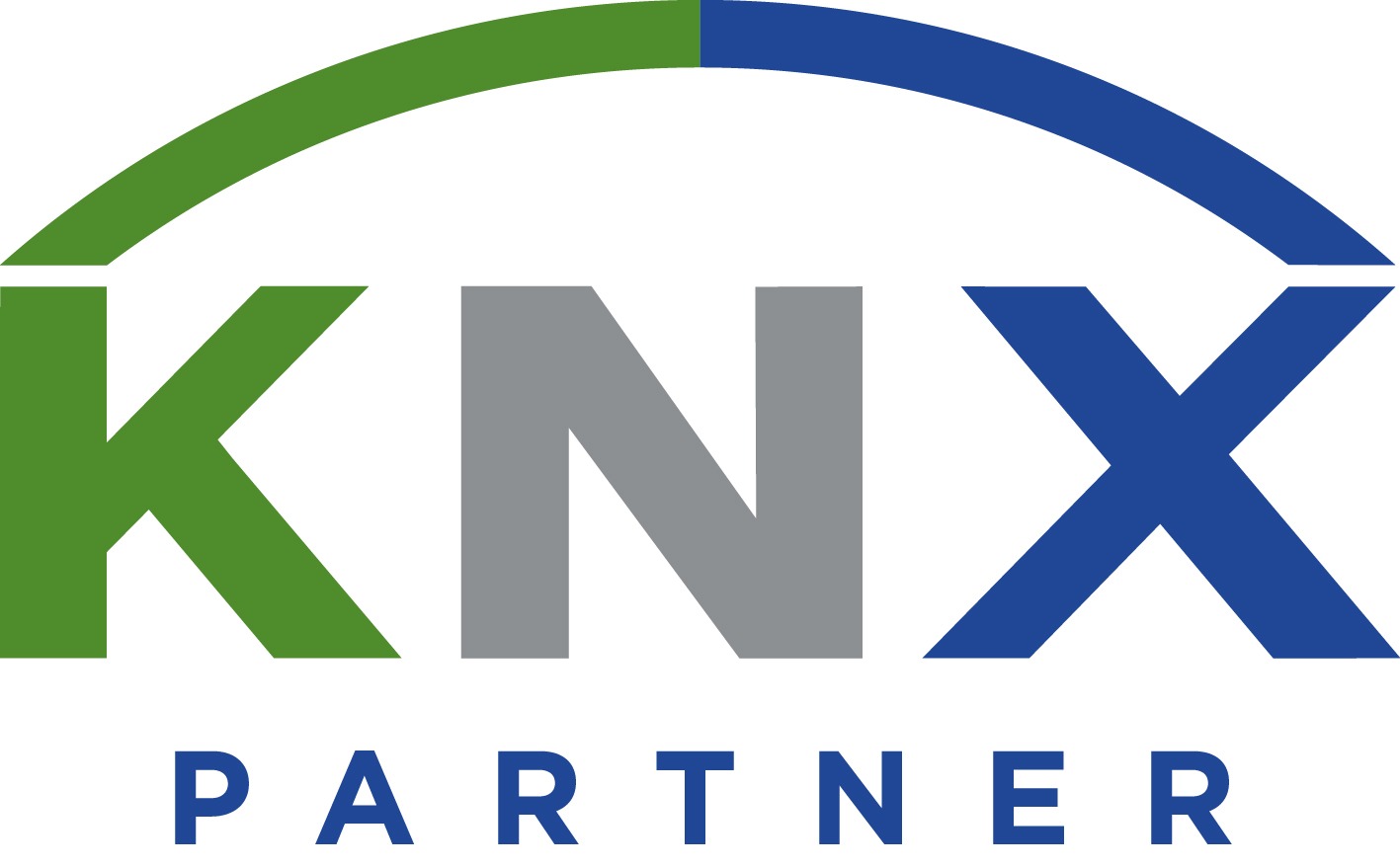 Logo KNX Partner z zielonym 'K', szarym 'N', niebieskim 'X' i napisem 'PARTNER' w kolorze niebieskim na białym tle.
