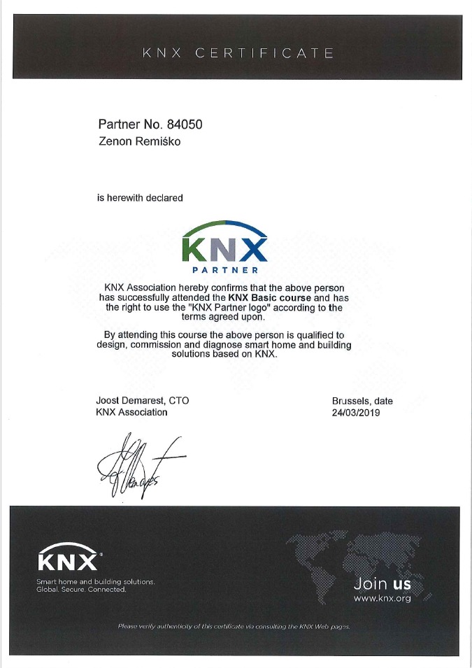 Certyfikat KNX Partner dla Zenona Remiśko z numerem 84050, potwierdzający ukończenie kursu KNX Basic i uprawnienia do projektowania i diagnozowania inteligentnych domów.